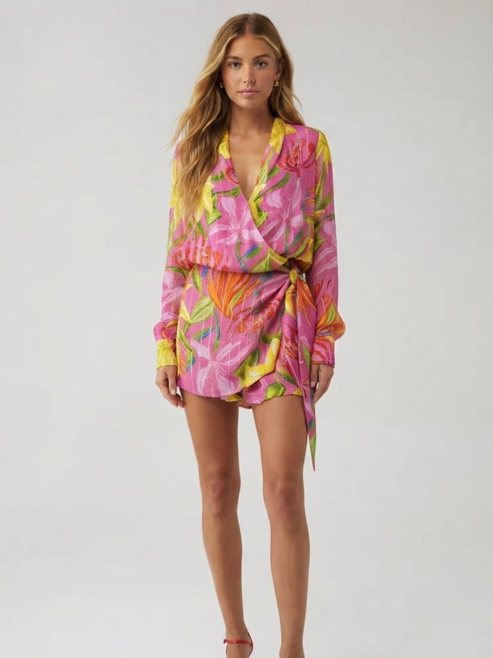 Rococo Sand Bright Multicolor Floral Front Wrap Long Sleeve Romper 57003